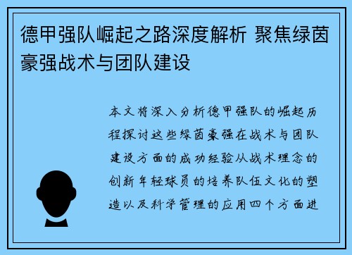 德甲强队崛起之路深度解析 聚焦绿茵豪强战术与团队建设