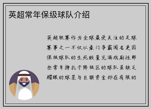 英超常年保级球队介绍
