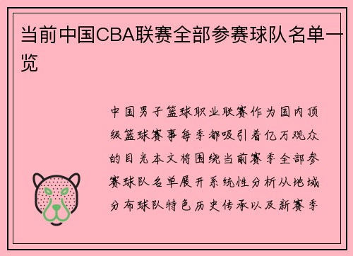 当前中国CBA联赛全部参赛球队名单一览