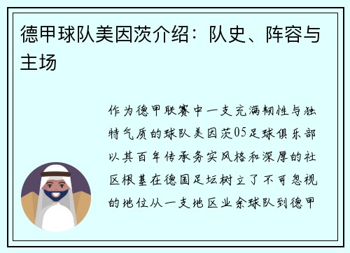 德甲球队美因茨介绍：队史、阵容与主场